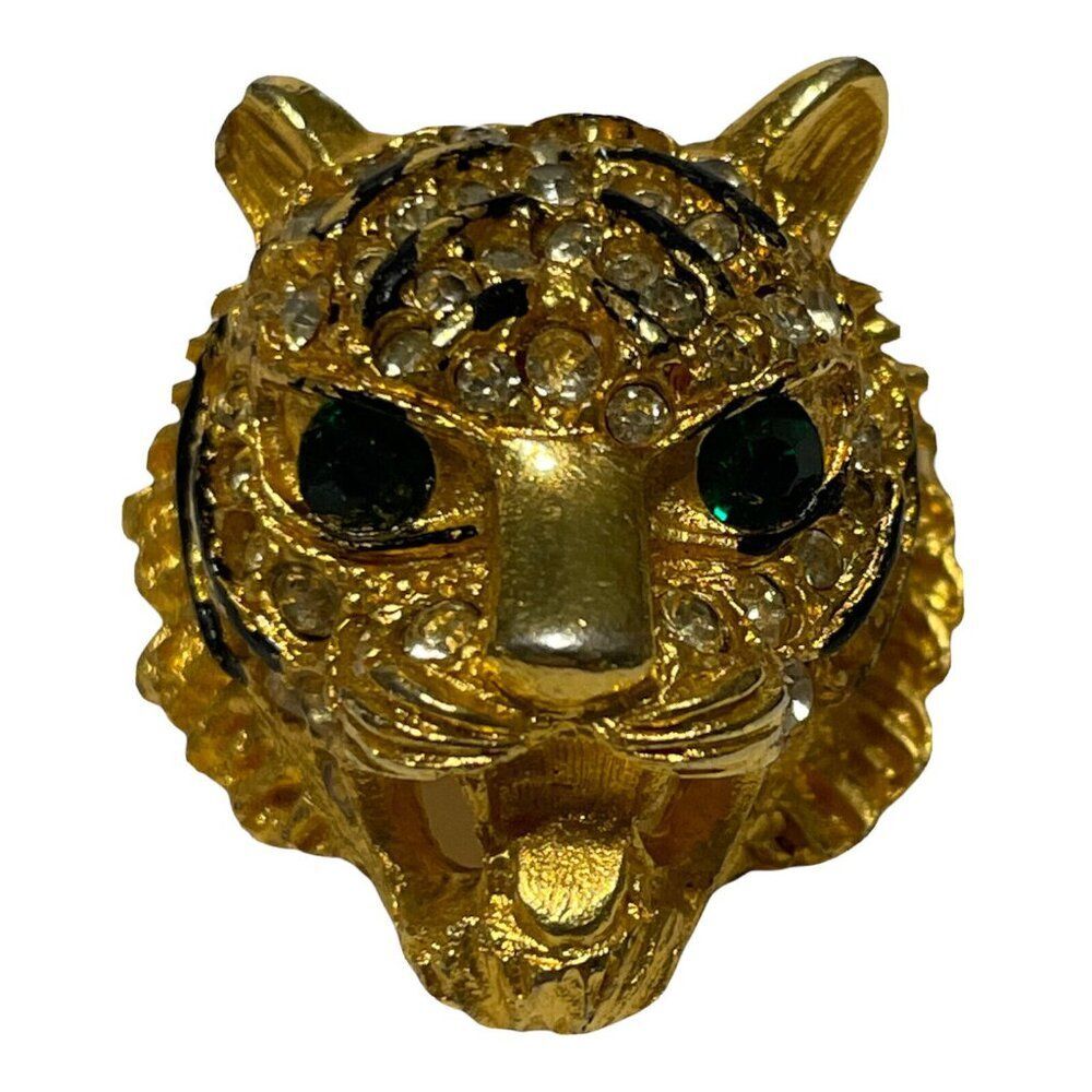 Rhinestone Lion Head Brooch Pin with Green Eyes Gold Tone